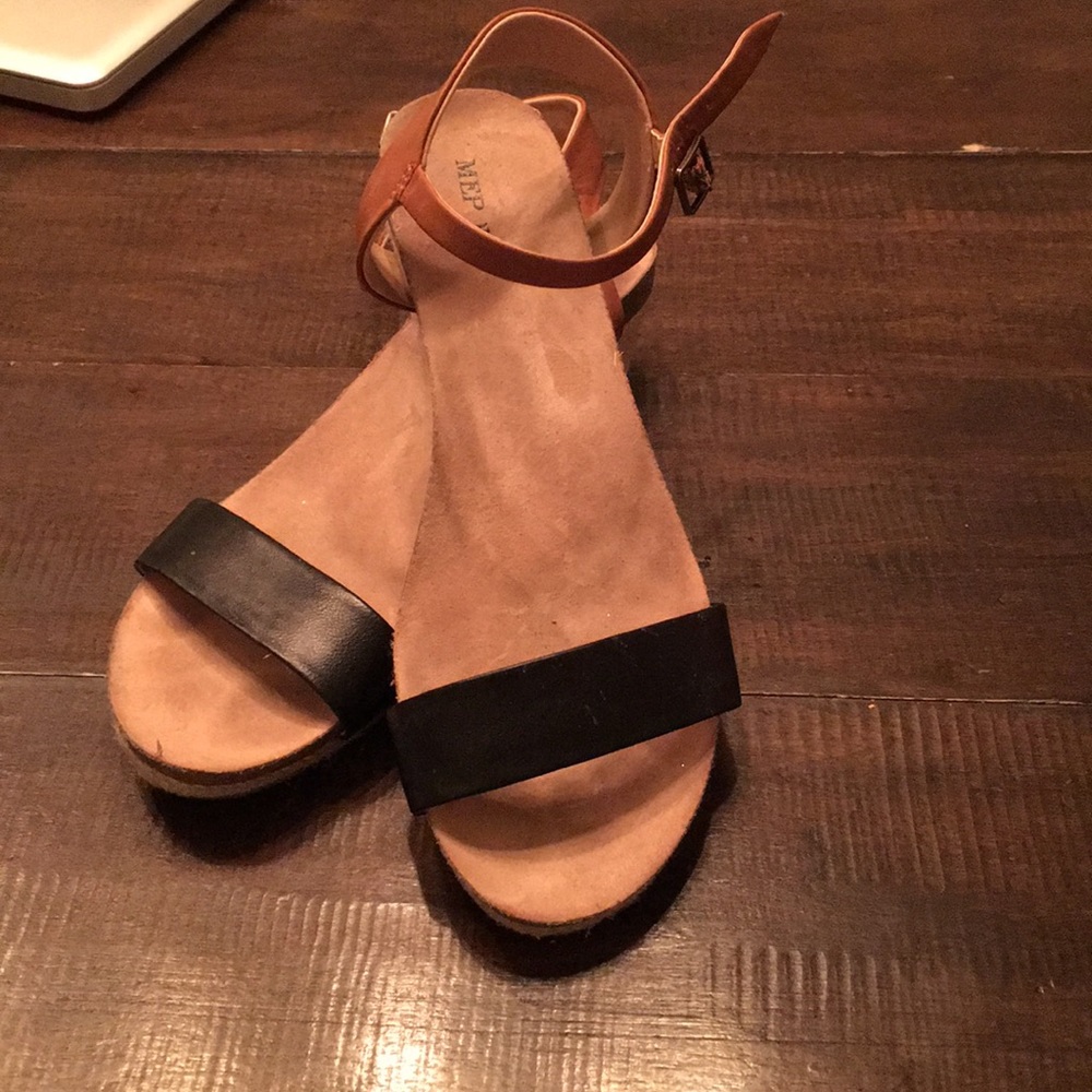 Black and Tan leather wedge sandals